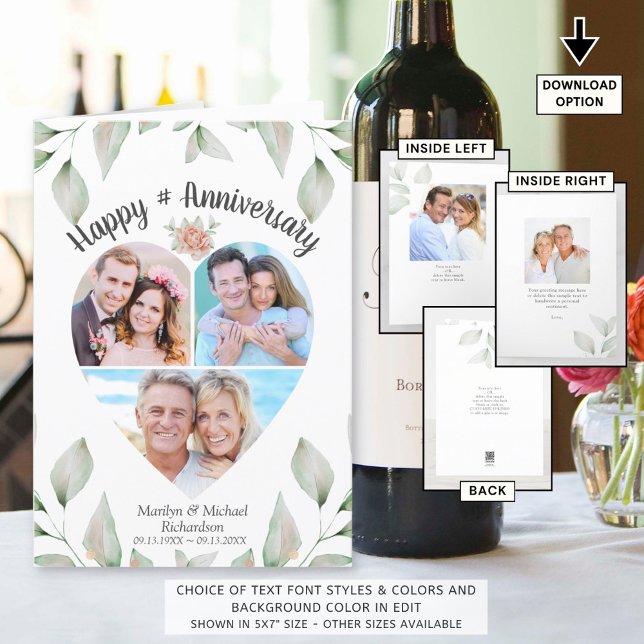 Anniversary Heart Shaped Photo Collage Greenery Card (Creator Uploaded)