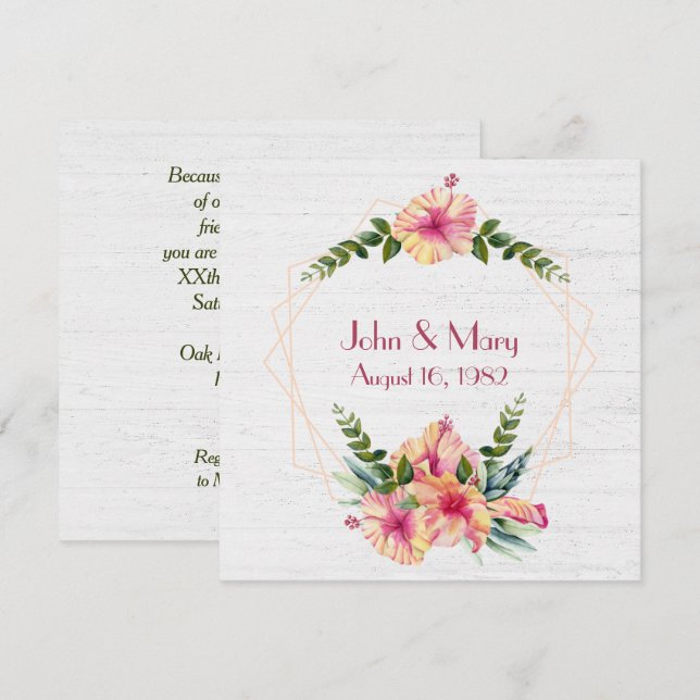 Anniversary Hibiscus Frame On Whitewashed Wood  Invitation (Front/Back)
