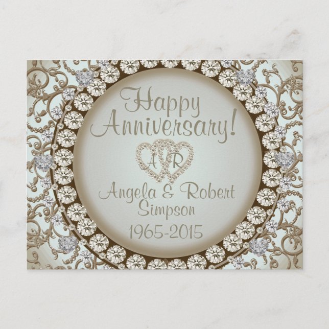 Anniversary Invitation | Gold Heart Monogram Postcard (Front)