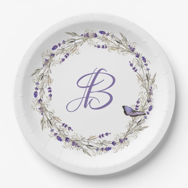 Anniversary Lavender Wreath With Monogram Paper Plate (Front)