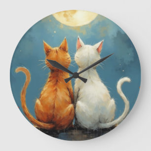 Anniversary Love Cats Under the Moon in Painterly Large Clock