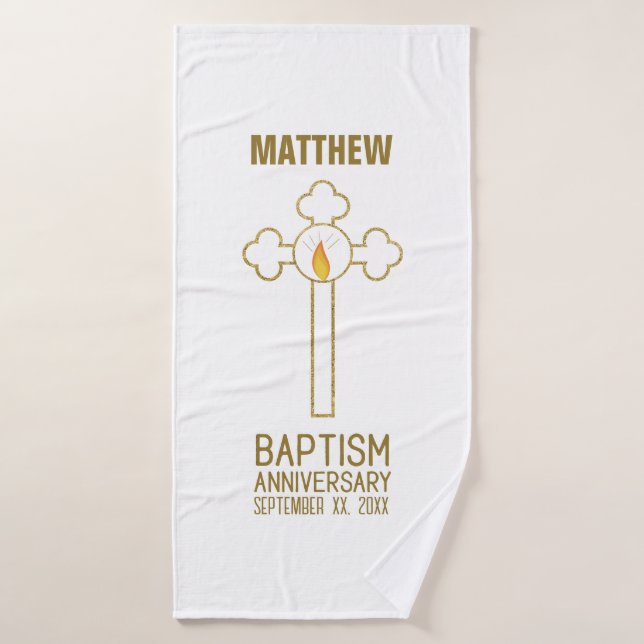 Anniversary of Baptism Gold Cross Personalised Bath Towel (Bath Towel)