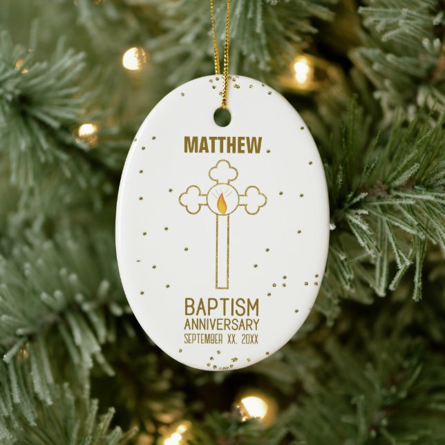 Anniversary of Baptism Gold Cross Personalised Ceramic Ornament (Tree)