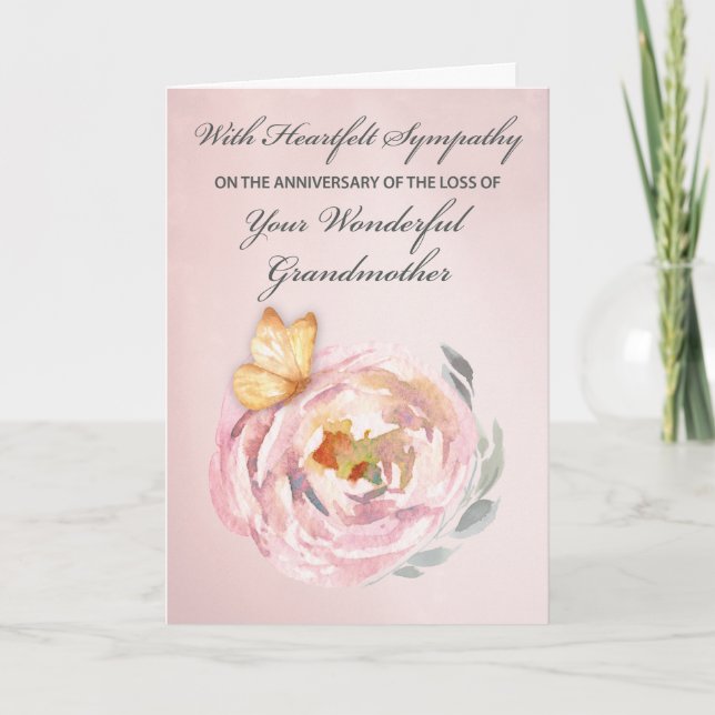 Anniversary of Loss of Grandmother Butterfly Rose Card (Front)