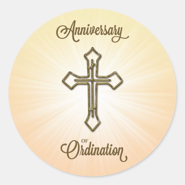Anniversary of Ordination, Cross on Starburst Classic Round Sticker (Front)