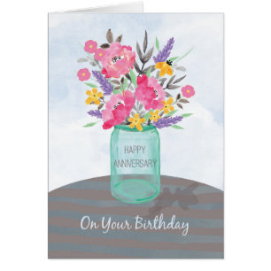 Anniversary on Birthday Jar Vase with Flowers
