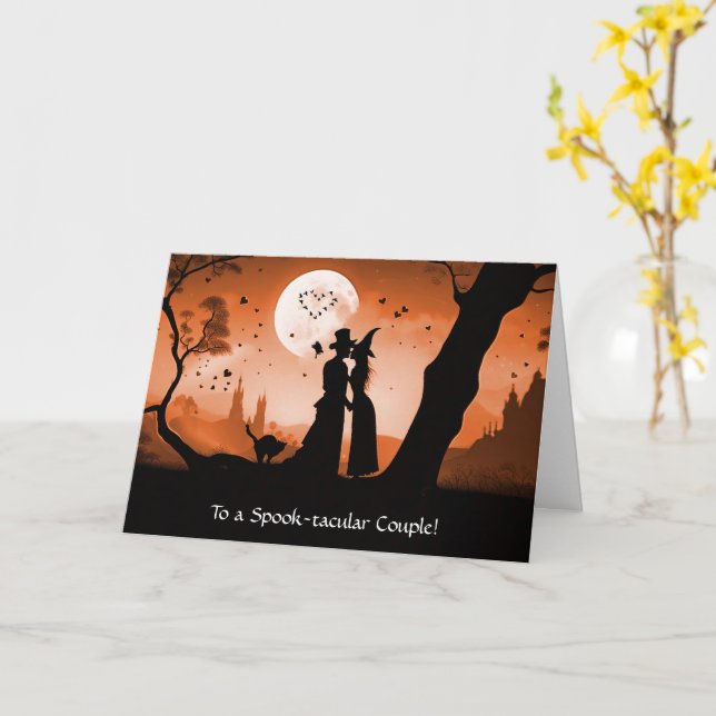 Anniversary on Halloween Cute Warlock and Witch  Card (Yellow Flower)