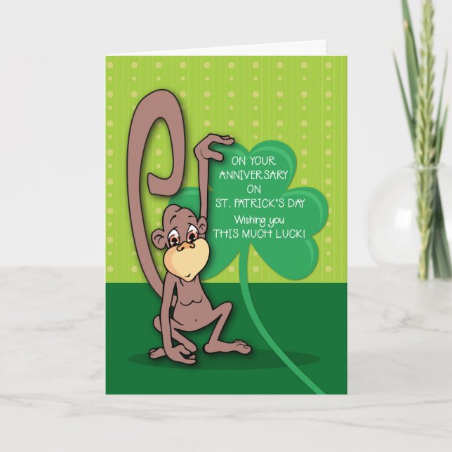 Anniversary on St Patrick's Day Monkey w/ Shamrock Card (Front)
