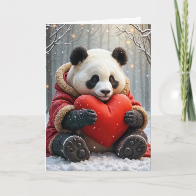 Anniversary Panda Bear Hugging a Heart Pillow Card (Front)