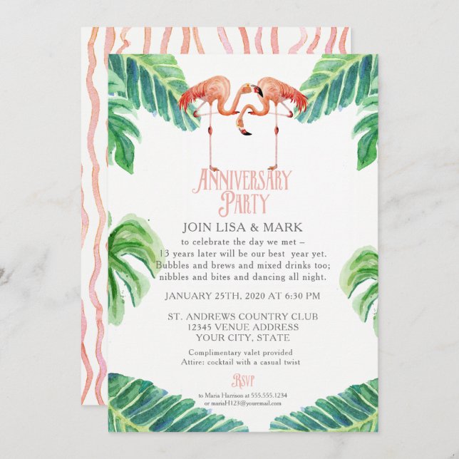 Anniversary Party Pink Flamingo Leaf Stripe Invitation (Front/Back)