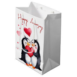 Anniversary Penguins With Heart Medium Gift Bag