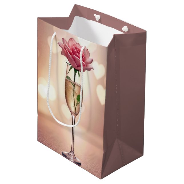 Anniversary Pink Rose In Champagne Flute Medium Gift Bag (Front Angled)