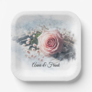 Anniversary Pink Rose On Piano Keys Paper Plate