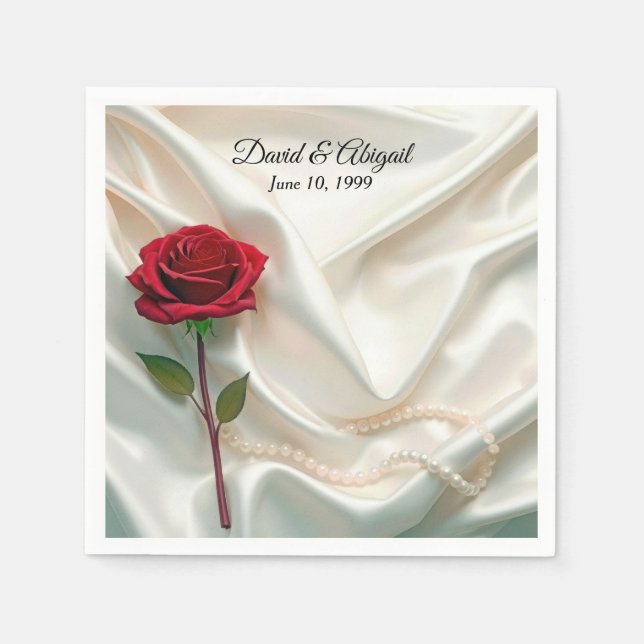 Anniversary Red Rose and Pearls On Satin Napkin (Front)
