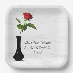 Anniversary Red Rose On White Paint Texture Paper Plate