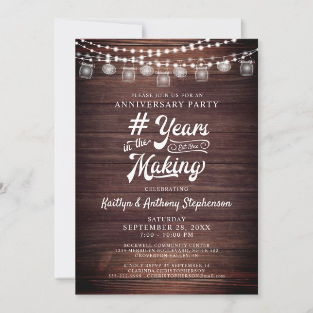 Anniversary Rustic Wood String Lights Mason Jars Invitation (Front)