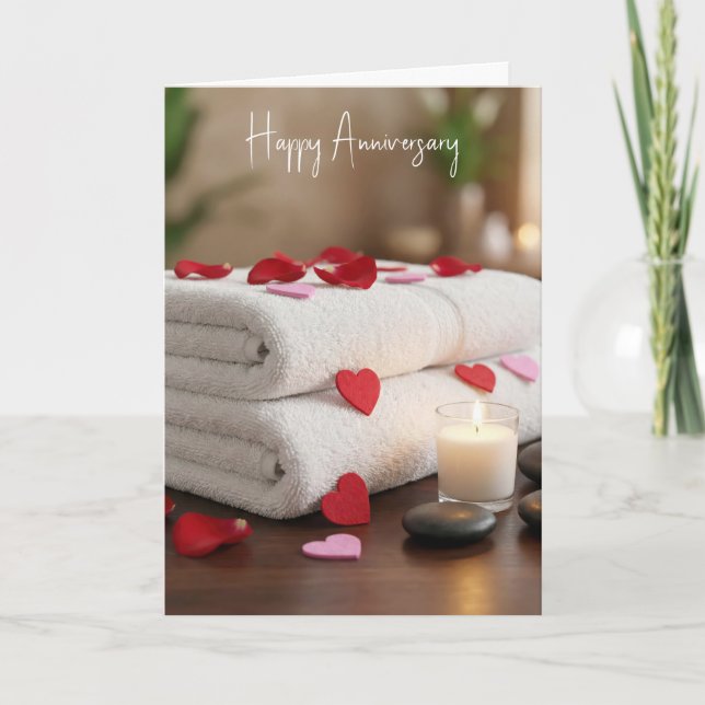 Anniversary Spa Towels with Hearts Card (Front)