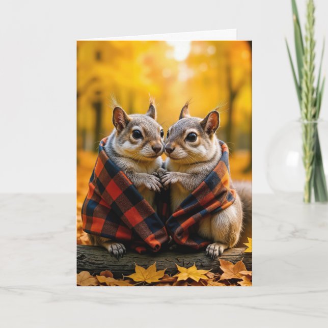 Anniversary Squirrels Snuggling In a Plaid Blanket Card (Front)