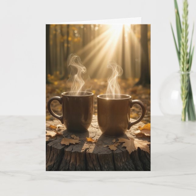 Anniversary Steaming Coffee Mugs On a Tree Stump Card (Front)