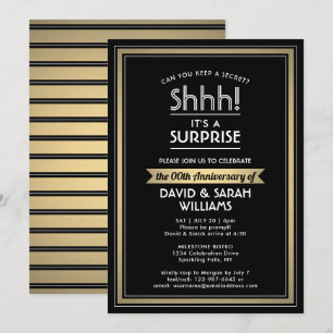 Anniversary Surprise Party Black, White and Gold Invitation