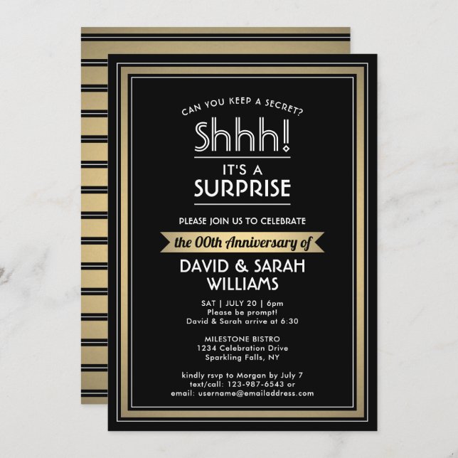 Anniversary Surprise Party Black, White and Gold Invitation (Front/Back)