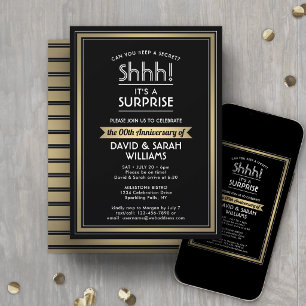 Anniversary Surprise Party Black, White and Gold Invitation