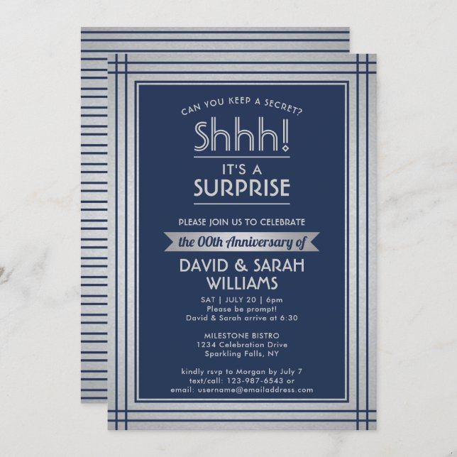 Anniversary Surprise Party Elegant Navy Blue Invitation (Front/Back)