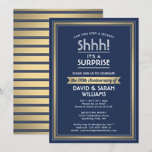 Anniversary Surprise Party Navy Blue, White & Gold Invitation