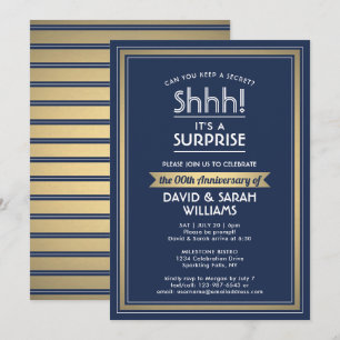 Anniversary Surprise Party Navy Blue, White & Gold Invitation