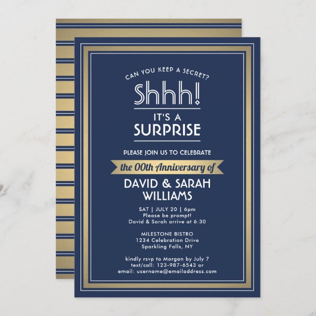 Anniversary Surprise Party Navy Blue, White & Gold Invitation (Front/Back)