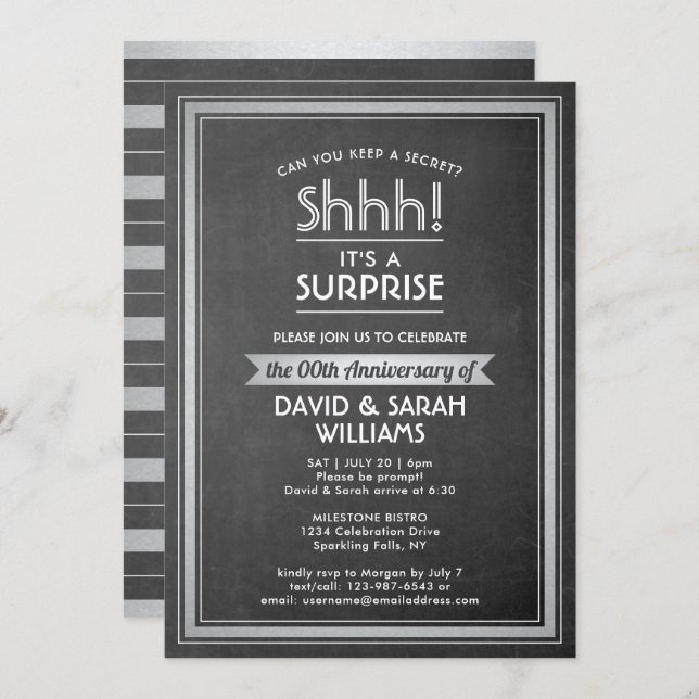 Anniversary Surprise Party Shhh! Black Chalkboard Invitation (Front/Back)