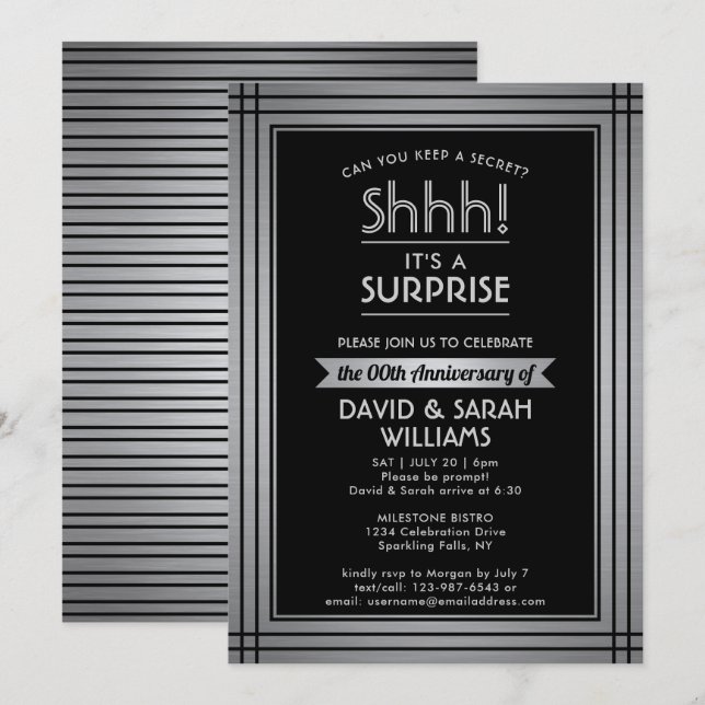 Anniversary Surprise Party Shhh! Elegant Black Invitation (Front/Back)