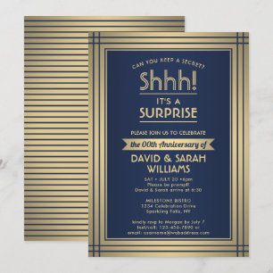 Anniversary Surprise Party Shhh! Navy Blue & Gold Invitation