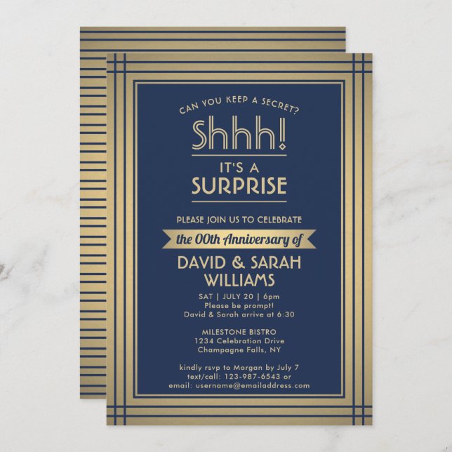 Anniversary Surprise Party Shhh! Navy Blue & Gold Invitation (Front/Back)