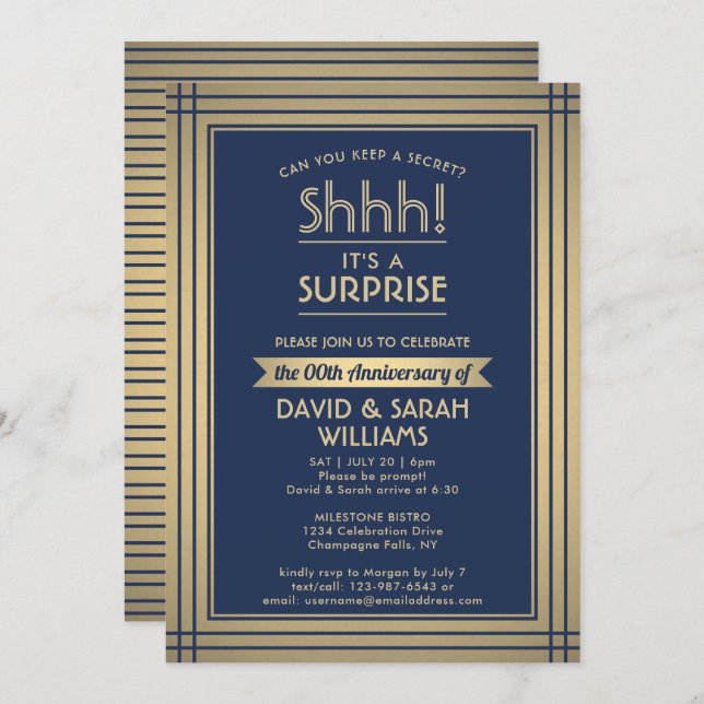 Anniversary Surprise Party Shhh! Navy Blue & Gold Invitation (Front/Back)
