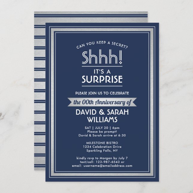 Anniversary Surprise Party Shhh! Navy Blue & White Invitation (Front/Back)