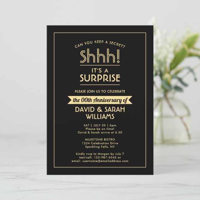 Anniversary Surprise Party Stylish Black and Gold Invitation (Standing Front)