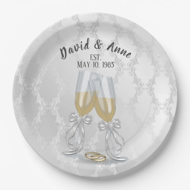 Anniversary Toast And Rings Party Paper Plate (Front)
