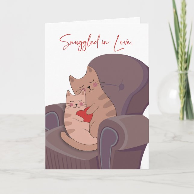 Anniversary Two Whimsical Cats Snuggled in Love Card (Front)