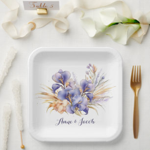 Anniversary Watercolor Purple Iris Bouquet Paper Plate