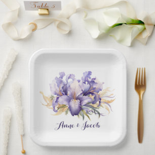 Anniversary Watercolor Purple Iris Bouquet Paper Plate