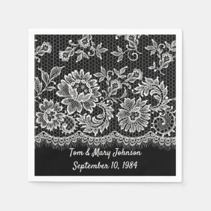 Anniversary White Lace Fringe On Black Napkins