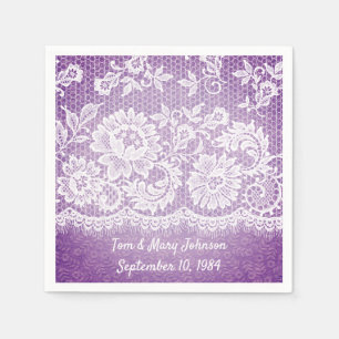 Anniversary White Lace Fringe On Purple Napkin