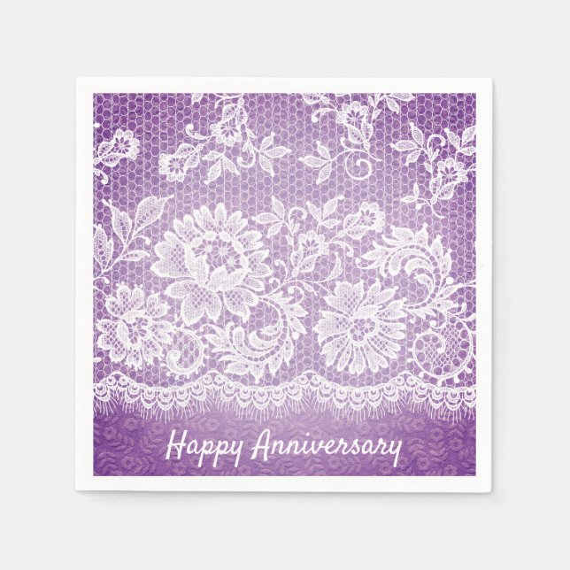Anniversary White Lace Fringe On Purple Napkins (Front)