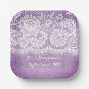 Anniversary White Lace Fringe On Purple Paper Plat Plate