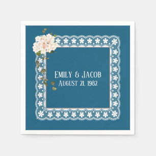 Anniversary White Lace On Blue Napkin