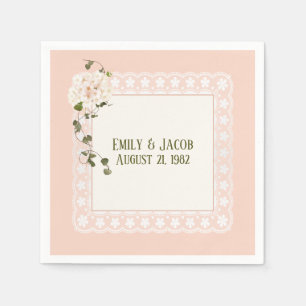 Anniversary White Lace On Peach Pink Napkin