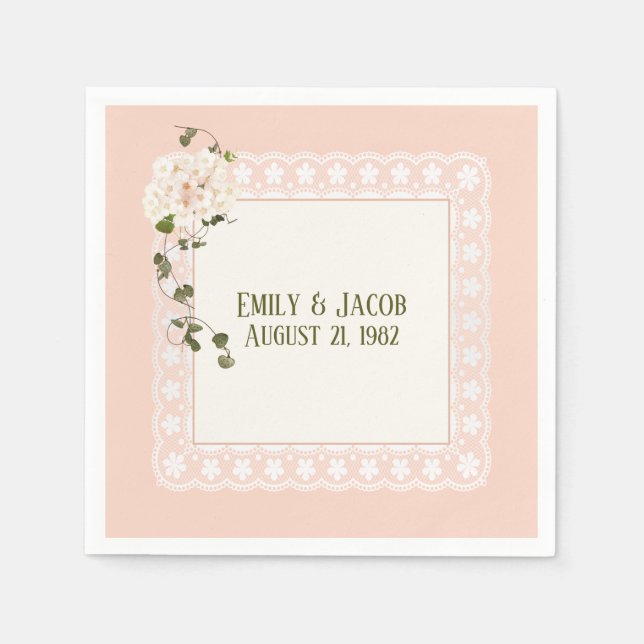 Anniversary White Lace On Peach Pink Napkin (Front)