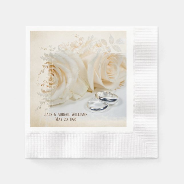 anniversary-white roses and wedding bands napkin (Front)