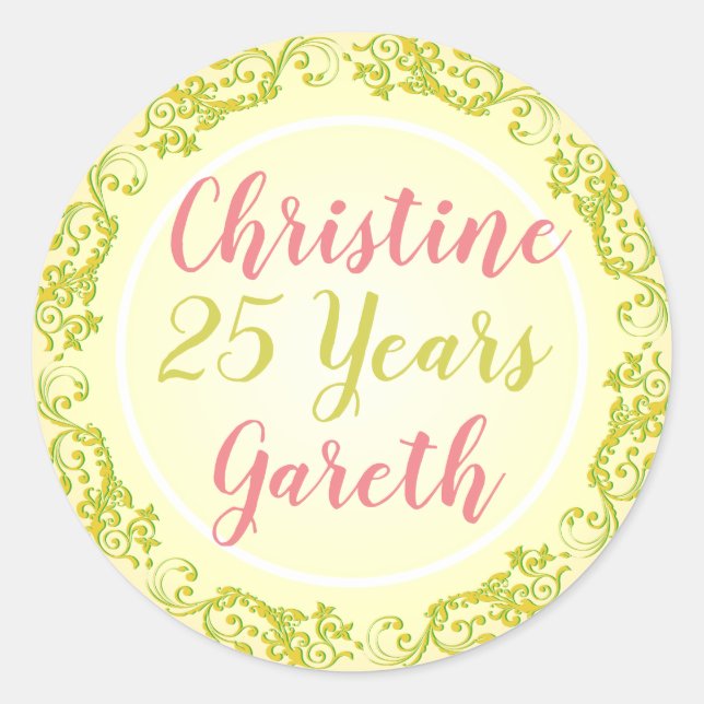 Anniversary with Names and Number of Years. Classic Round Sticker (Front)